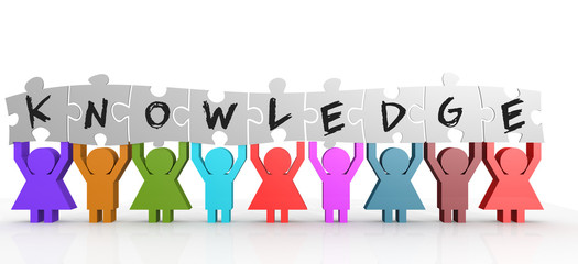 Nine people hold puzzle with knowledge word