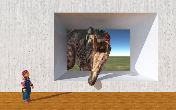 Kleinkind und der Dinosaurier Spinosaurus an einer Betonwand mit einer Öffnung