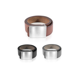 Mens belt set with blank badge mockup isolated. Black brown grey clear waistband mock up with grey band. White metallic ensign template on jeans belt. Leather clothing belt design empty shield.