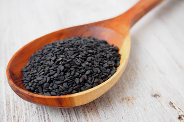 Black Sesame seed on wooden spoon