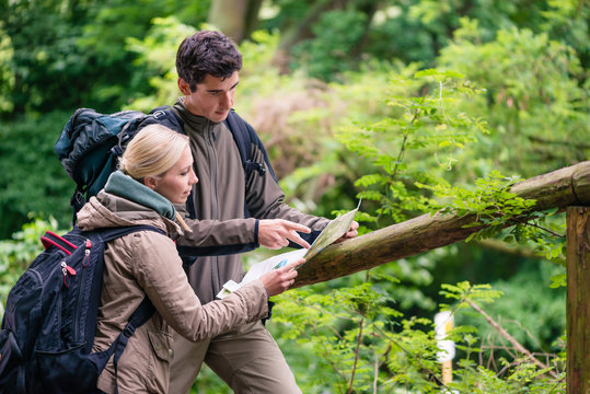 Paar, Frau und Mann, beim Wandern macht auf Waldweg Pause und studiert die Karte