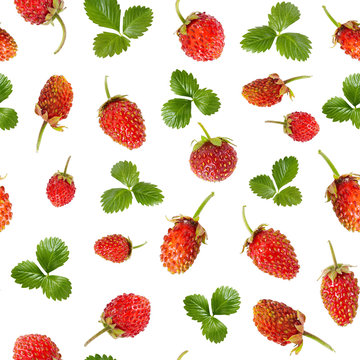 Seamless pattern of ripe wild strawberries and leaves