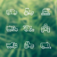 Fototapeta na wymiar Agricultural machinery line icons, tractor, harvester, agricultural vehicles, harvesting combine, pickup