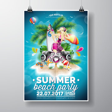 Vector Summer Beach Party Flyer Design with typographic elements on blue sky background. Summer nature floral and sexy girl ion paradise island