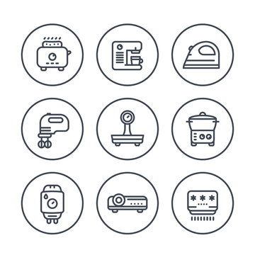 Appliances, consumer electronics line icons in circles, toaster, coffee machine, iron, blender, scales, steamer, home boiler, projector, air conditioner