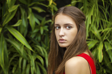 Portrait close up of young beautiful brunette woman