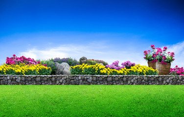Flower garden. Green grass and stone fence on blue sky background, Garden area