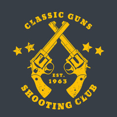 Classic Guns emblem, logo with revolvers, yellow on gray, vector illustration