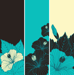 3 bookmarks with hibiscus flowers patterns in blue, black, and ivory 