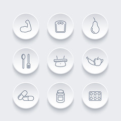 Diet, nutrition, dietary supplements line icons set