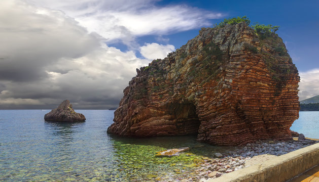 The layered rocks in the village of Rafailovici. Montenegro.