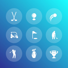 Golf icons set, golf car, clubs, golfer, bag, vector illustration