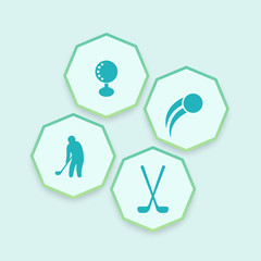 Golf, golfer, clubs, ball, octagonal icons, vector illustration