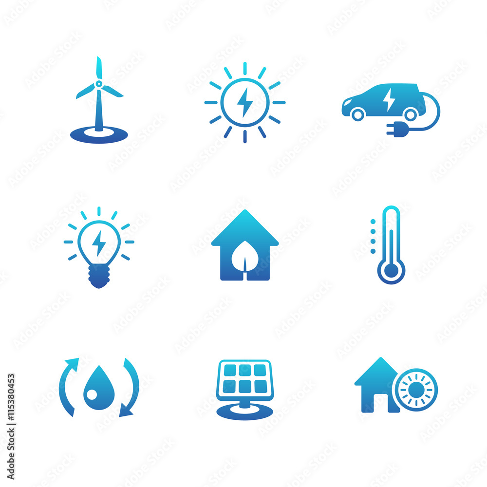 Sticker Green ecologic house, ecofriendly, energy saving technologies, blue icons