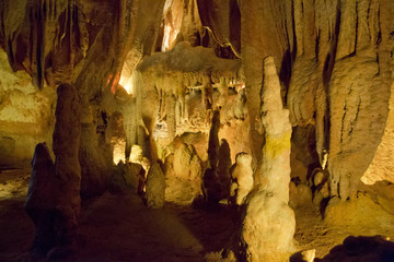 Fototapeta na wymiar Gruta da Moeda Cave in Fatima, Portugal is an old cave, where one will find ancient stalactite and stalagmite formations. 