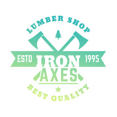 lumber shop logo, logotype with lumberjacks axes on white, vector illustration