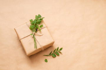 gift box with green limb on table