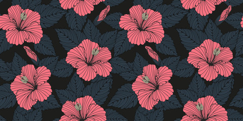 hibiscus flowers seamless pattern in dark gray, black, and pink © L.Dep