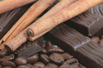 Coffee beans and chocolate cut