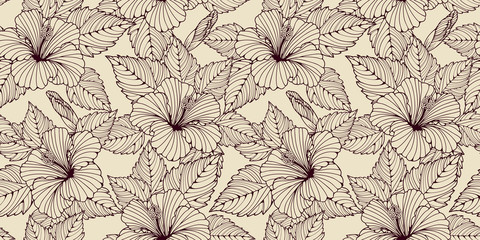 hibiscus flowers seamless pattern in brown and ivory - obrazy, fototapety, plakaty
