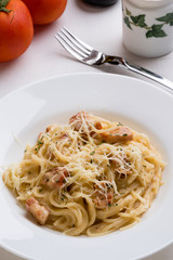 spaghetti carbonara in white plate
