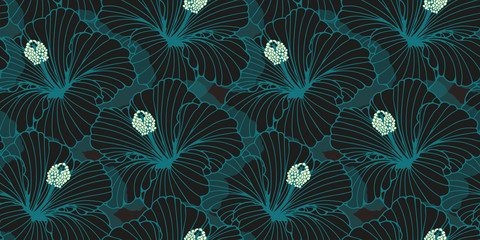 tangled hibiscus flowers seamless pattern in dark blue shades and white © L.Dep