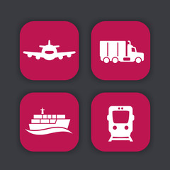 transportation industry icons, truck, cargo train, airplane, maritime transport, vector illustration
