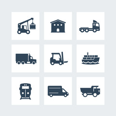 transportation, logistics icons on white, vector illustration