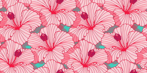 tangled hibiscus flowers seamless pattern in pink, red and blue © L.Dep