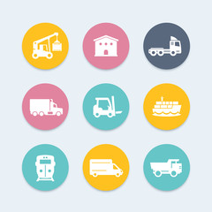 transportation, logistics icons, warehouse, cargo train, ship, truck, loader, vector illustration