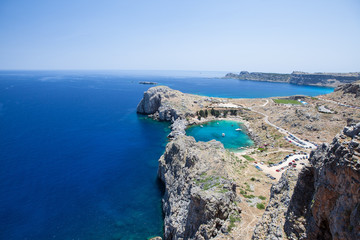 Aerial view of St Pauls bay, Lindos, Phodes, Greece
