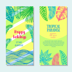 Fototapeta na wymiar Tropical palm leaves bright flyer set. Vertical travel banners. Vector illustration drawn in ink.