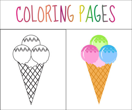 Coloring book page. Ice cream. Sketch and color version. Coloring for kids. Vector illustration