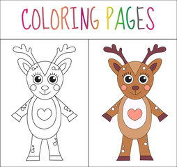 Obraz na płótnie Canvas Coloring book page. Deer. Sketch and color version. Coloring for kids. Vector illustration