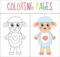Coloring book page. Sheep. Sketch and color version. Coloring for kids. Vector illustration