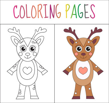Coloring book page. Deer. Sketch and color version. Coloring for kids. Vector illustration