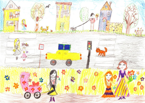 Child's drawing happy family, road, car