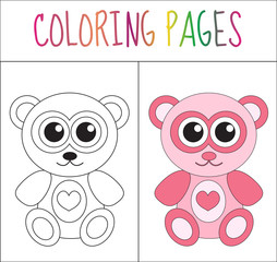 Coloring book page teddy bear. Sketch and color version. Coloring for kids. Vector illustration