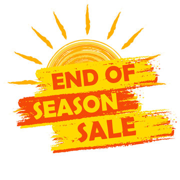 end of season sale with summer sun sign, yellow and orange drawn