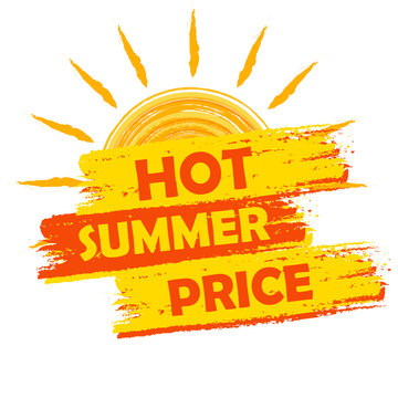 hot summer price with sun sign, yellow and orange drawn label, v
