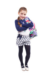 Full lenght portrait of a little student girl carrying backpack