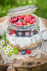 Tasty granola and yogurt decorated with flowers