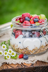 Fresh berry fruits and yogurt with granola