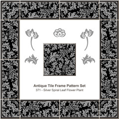 Antique tile frame pattern set_371 Silver Spiral Leaf Flower Plant
