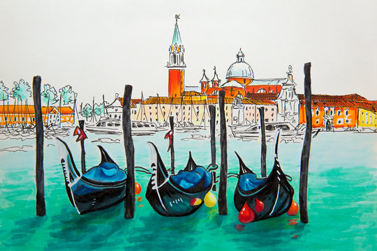 Gondolas moored by Saint Mark square with San Giorgio di Maggiore church in the background in Venice lagoon, Italia. Picture made markers