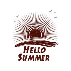 Hello Summer - vintage lettering logo icon in grunge style. Vector illustration isolated on white background