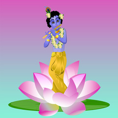 Krishna and the Lotus. Krishna plays the flute vector illustration