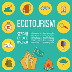 Ecotourism poster template with hand drawn doodle design elements. Mountains tent backpack binocular hot air balloon camping lantern magnifying glass tree bonfire map compass flag. Vector illustration