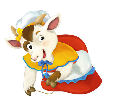 Cartoon fairy tale character for different usage - mother goat is kneeling and doing something - illustration for children