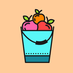 Fruit harvest. Apples in the bucket. Vector icon.